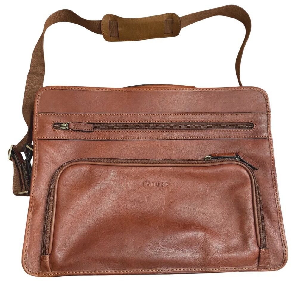 Banuce Brown Leather Messenger Bag With Adjustable Strap & Multiple Zippered Com